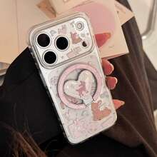 GUCADI Transparent Magnetic Pink Rabbit & Deer + Gold-Plated Deer Heart-Shaped Magnetic Stand Phone Case, Compatible With IPhone 17 Pro Max, 16, 13, 15, 17. Transparent Gold-Plated Magnetic Stand, Painting Style, Original Design, Girly, Creative, Geometric, Cartoon Style, Cute, Fresh, Niche, Ins Style. - Clear - View 5
