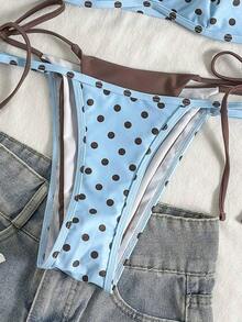 Women's Retro Polka Dot & Pork Chop Print Sexy Bikini Set, Light Blue & Brown Polka Dot Asymmetric A-Line Sleeveless Short Bikini, Suitable For Winter, Outings, Birthday, Casual, Millennium, Western Style, Nightclub, Beach Vacation Summer - 淺藍色 - 查看 7