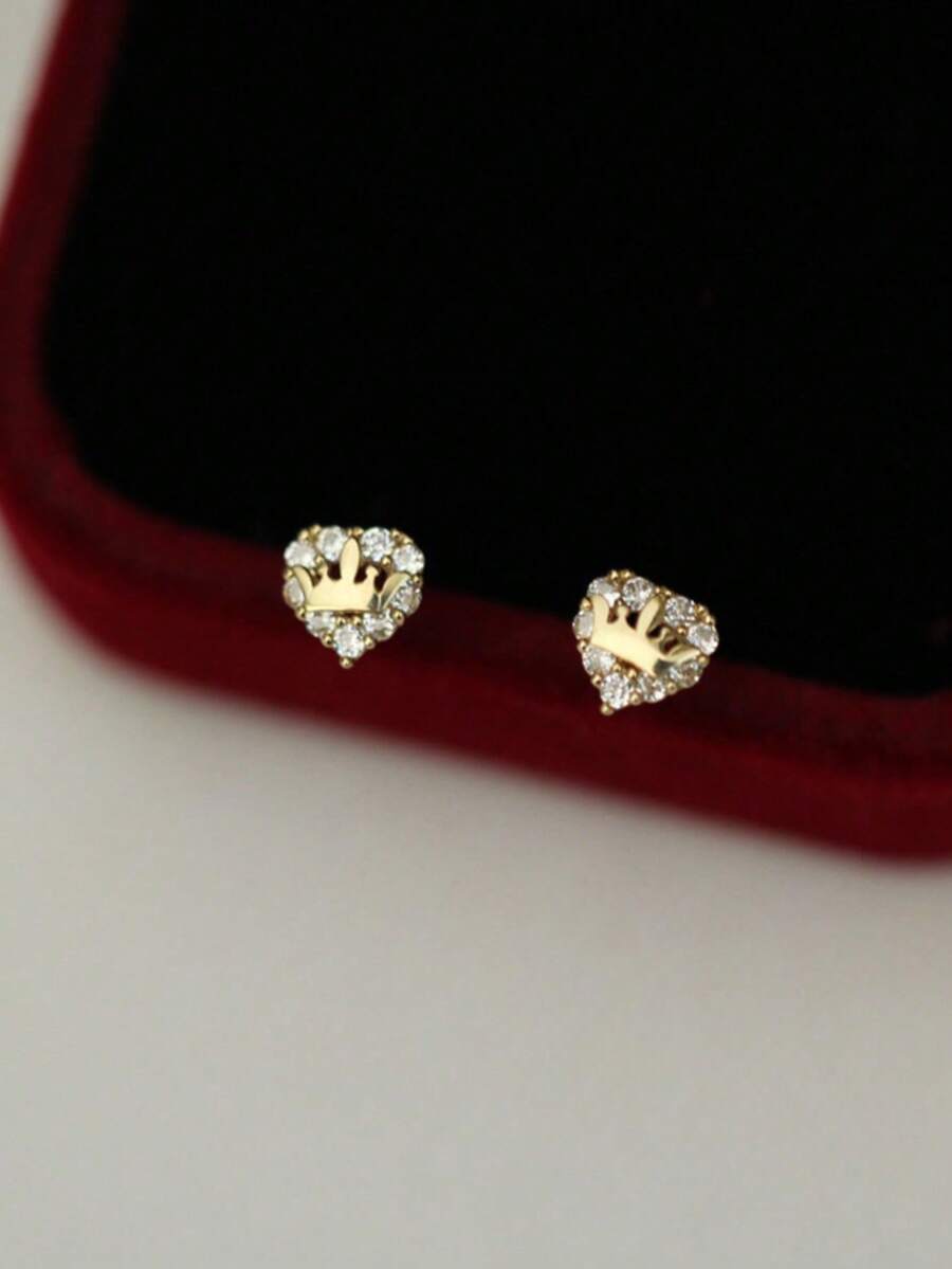 1 Pair Elegant S925 Sterling Silver Cubic Zirconia Crown & Heart Stud Earrings, Jewelry Accessories For Women, Wedding Party Anniversary Gift - Geometry - View 1