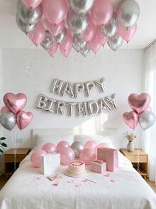 18/65/70件組女性粉色生日裝飾套裝 - 生日快樂橫幅 + 心形鋁箔氣球 + 粉色與白色珍珠加厚乳膠氣球，適合女性公主主題生日派對、蝴蝶結主題派對用品、拍照道具、派對必需品 - 款式四 - 查看 8