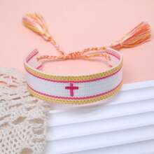 1pc Embroidered Cross Boho Handmade Woven Tassel Bracelet - Multicolor - View 2