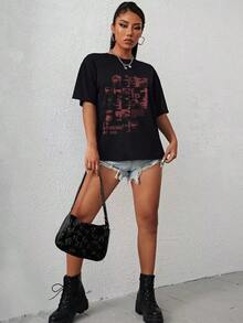 Camiseta estampada de hombros caídos con eslogan "TE ESTOY MIRANDO TEMPRANO EN EL DÍA SE SUSURRÓ QUE DEBERÍAMOS NAVEGAR EN UN BARCO SOLO TÚ Y 1 Y NUNCA UN ALMA EN EL MUNDO" Camisetas gráficas para mujeres - Negro - Ver 8