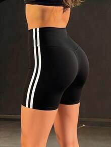 Aoqta Sports Women's Summer Solid Color Casual Yoga Pants, Contrast Side Stripe Tight Lifting Waist Shorts, Suitable For Yoga, Running, Workout, Daily Wear - Black - View 5