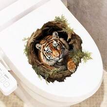 3D Cute Animal In Tree Hole Bathroom Toilet Sticker, Self-Adhesive Home Decor Wall Decal - Multicolor - View 9