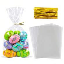40/80PCS Cellophane Bag With Golden Kink Rope, Transparent OPP Plastic Cellophane Packaging, Suitable For Gift Display, Party Small Gift And Wedding Gift Packaging, Birthday Party Gift Bag - View 1