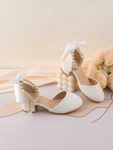 Flower Girl Shoes For Wedding, Party, Holiday, Suitable For Toddler, Little And Big Girls, Classic Comfortable Versatile White Pearl Bow Tie Flat Dress Shoes, Formal Occasion, Performance, Ballet, Princess Pumps - White - View 4