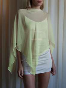Women's Loose Sheer Tops Solid Color Bat Sleeve Off One Shoulder T-Shirt Chiffon Shirts For Summer - Yellow - View 1