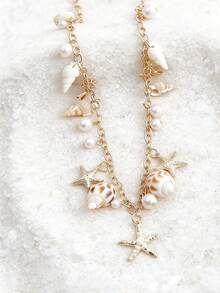 1 chiếc mặt dây chuyền hình sao biển, vỏ sò và ngọc trai kiểu Bohemian mạ vàng, thích hợp cho nữ dự tiệc mùa hè, bãi biển. - Vàng - Xem 3