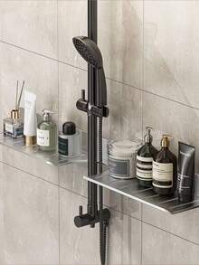Stainless Steel Wall Mounted Storage Rack, No Damage Installation, Suitable For Bathroom, Vanity, Cabinet, Kitchen, Decorative Bathroom Accessory, Home Decor, Storage Organizer Shelf - Multicolor - View 9