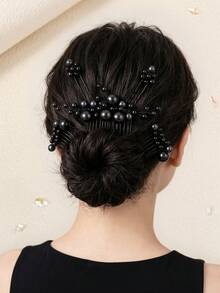 5 pezzi Set di pettini e fermagli per capelli retrò neri con perle finte, accessori eleganti per acconciature da sposa realizzati a mano con perline, adatti per banchetti, feste, estate, spiaggia, matrimoni - nero - Visualizzare 6