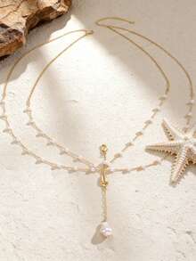 1pc Fashionable Sexy Faux Pearl Shell Pendant Body Chain/Necklace, Versatile Beach Vacation Wear For Women, Memorable Gift For Friends, Family, Couples, Handmade Jewelry Accessory - Gold - View 3