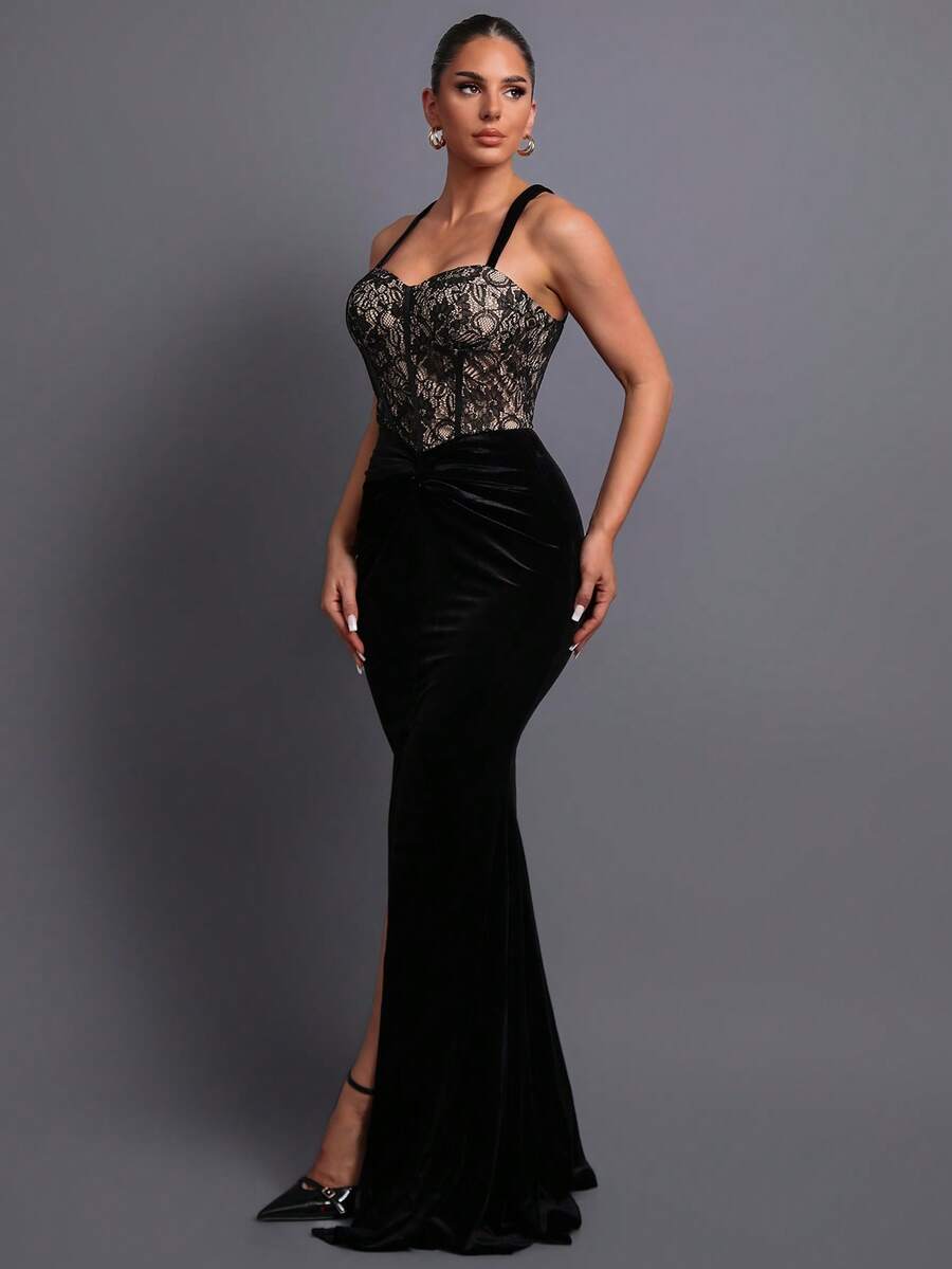 Đầm dạ hội nữ hai dây phối ren - Đầm dài ôm dáng thanh lịch, phần thân trên bằng ren tinh tế, thiết kế xẻ tà quyến rũ, kiểu dáng ôm sát, dây đeo mảnh, phù hợp cho các bữa tiệc, tiệc chiêu đãi, đám cưới, vũ hội và các dịp trang trọng khác. Mùa xuân