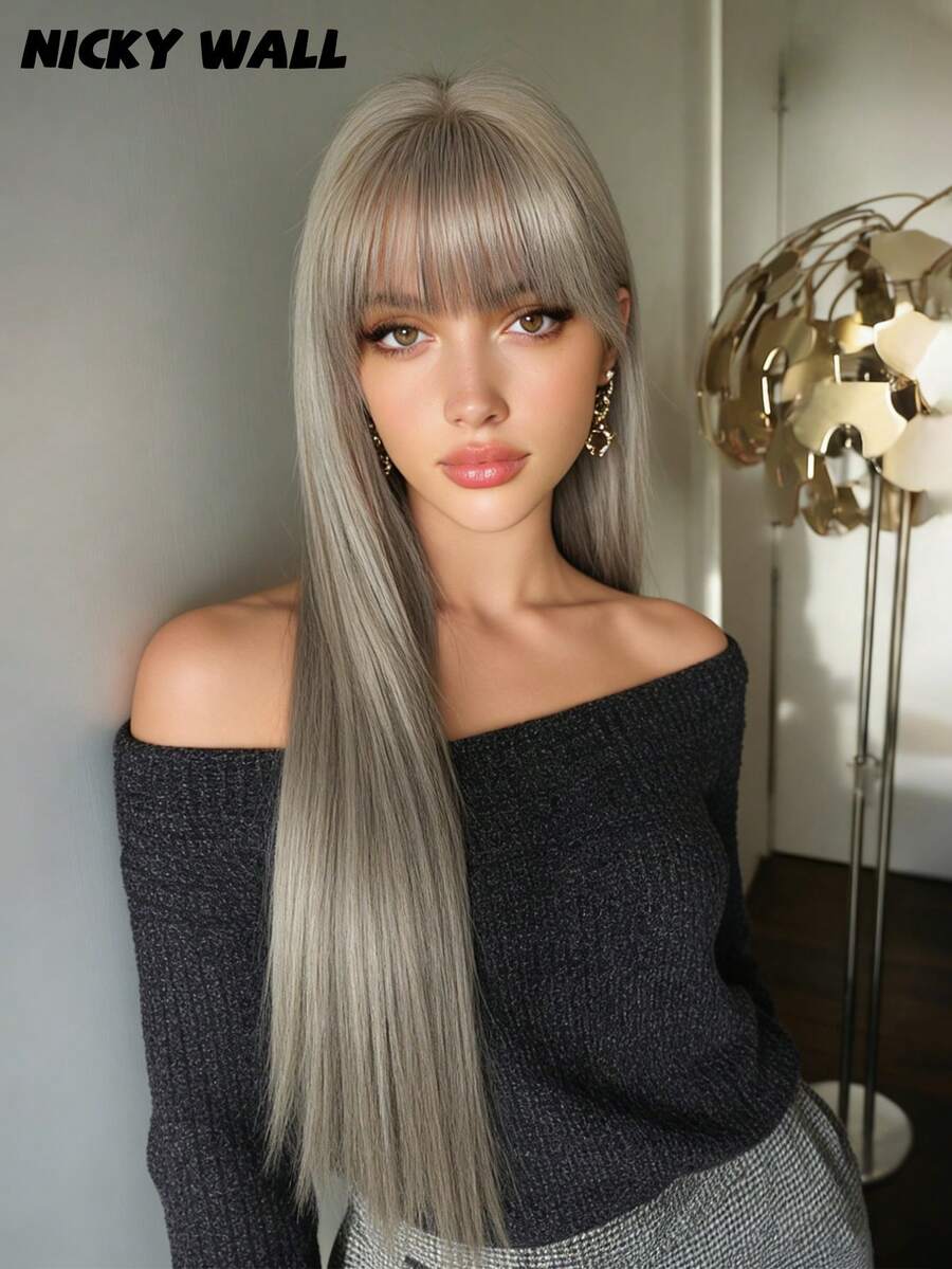NICKY WALL Tóc giả dài 28 inch màu xám thẳng, kiểu dáng tự nhiên tuyệt đẹp với mái bằng dày, sợi tổng hợp chịu nhiệt, mật độ cao, mềm mại, thích hợp sử dụng hàng ngày, quà tặng Ngày của Mẹ.