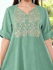 2026 New Style Ramadan Traditional Elegant Green Dress, Featuring Metallic Gold Embroidery, Stand Collar Design, Fashionable And Graceful Modest Dress - Mint Green - View 3