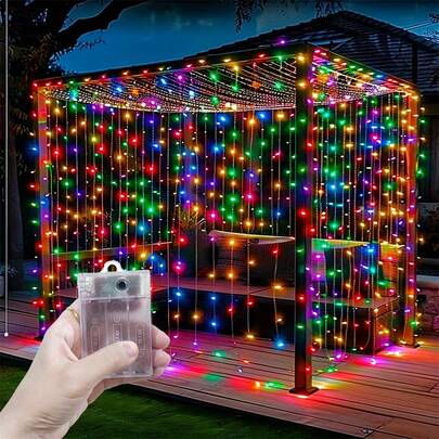 仙女灯、生日派对装饰、卧室客厅窗帘灯、8种模式电池盒窗帘灯、花园装饰、4种灯光颜色选择、仙女花环装饰、节日灯、浪漫氛围房间装饰、情人节装饰、婚礼派对装饰灯、庭院露营装饰、闪亮露台装饰、节日照明装饰、圣诞节万圣节装饰灯、室内外装饰
