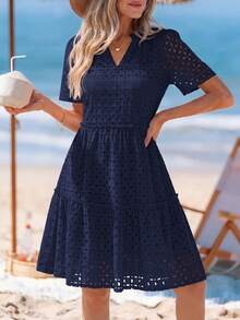 PRETTYGARDEN Women's Summer Dress V-Neck Hollow Eyelet Ruffle A-Line Hem Elegant Short Casual Wedding Graduation Travel Beach Holiday Vacation Navy Blue Dresses For Women - 藏蓝色 - 查看 1