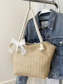 Summer Beach Vacation Stylish Large Capacity Straw Tote Bag, Fashionable Casual Shoulder Bag - Khaki - View 5