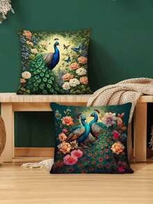 1/4Pcs, Vintage-Style Peacock Oil Painting Velvet Throw Cushion Covers Woven Polyester 17.7X17.7 Inch, Zippered, Geometric-Patterned For Sofa And Home Decor, Machine Washable - Multicolor - View 6