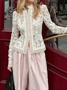 女士时尚Y2K日常蕾丝钩编立领修身半透明白色衬衫，优雅泡泡袖设计，蕾丝镂空纽扣细节，优雅叠穿上衣 - 白色 - 查看 6