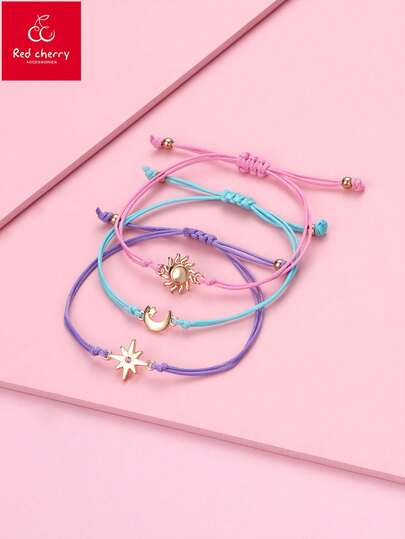 Bộ 3 vòng tay hoạt hình thời trang cho trẻ em, làm thủ công, dệt hình mặt trời, sao và mặt trăng, thích hợp làm quà tặng Eid Al-Adha, phù hợp để đeo hàng ngày, làm quà tặng và trong các lễ hội.