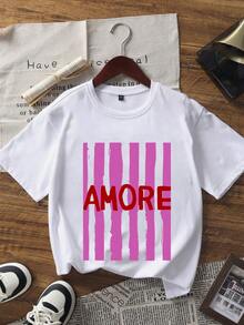 Camiseta de manga corta de verano con cuello redondo, de estilo nuevo y elegante, con estampado de letras inglesas a rayas, versátil y de uso diario para mujer - Negro - Ver 2