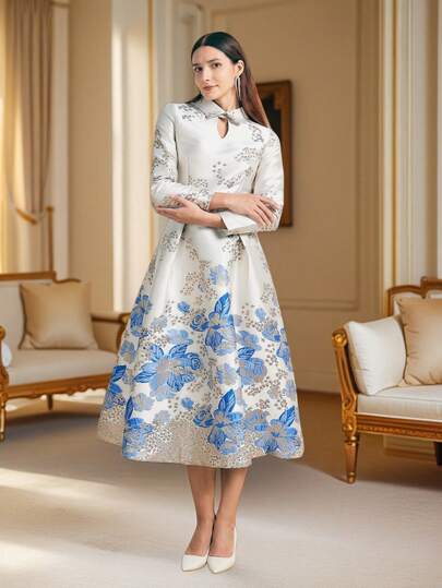 DEVCHATA Women's Luxury Long Cocktail Dress, Heavily Embroidered Floral Jacquard With Oversized Skirt, Perfect For Formal Occasions Like Balls, Galas, And Parties (Floral Pattern Randomly Assorted)