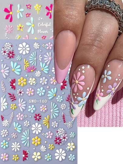2Pcs 5D Embossed Fresh Colorful Floral Nail Art Stickers - Pink/Yellow/Light Blue Daisies Flowers Design Self-Adhesive Nail Decals, Suitable For Women Spring/Summer Holiday DIY Nail Decoration
