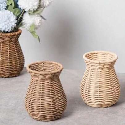 Handwoven Flower Vase, Beautiful Handmade Woven Vase, Plastic Rattan Flower Vase, Living Room Vase, Cabinet Dried Flower Vase, Creative Decor, Handicraft, Home Decor Prop