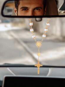 1pc Gold Crystal Cross Rearview Mirror Decor, Elegant Beaded Car Pendant Accessory - Gold - View 6
