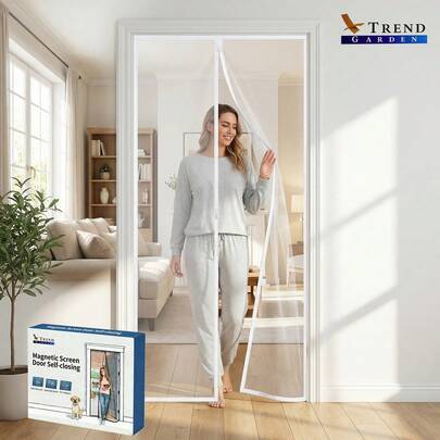 TREND GARDEN Cửa lưới chống muỗi vuông màu trắng tinh khiết, có nam châm, thoáng khí mùa hè, thích hợp cho phòng ngủ, an toàn cho thú cưng - Kích thước cửa lưới: 90 x 210 cm