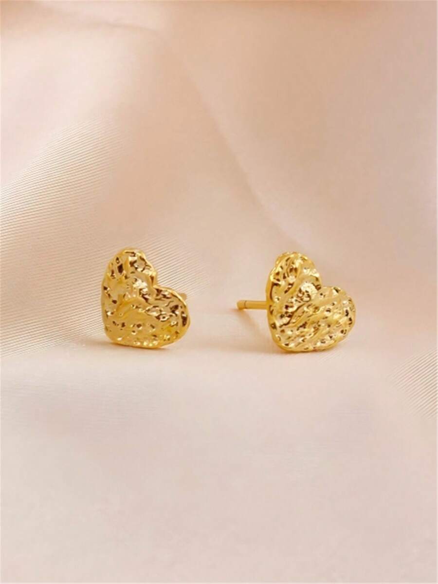 1对锡箔纸心形耳钉，适合日常佩戴 - 金黃色 - 查看 1