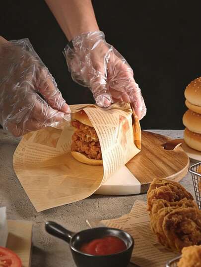 50 pièces Feuilles de papier anti-gras - Papier d'emballage sandwich Kraft pour hamburgers, frites, pizza, papier ciré pour doublures de paniers, papier sulfurisé résistant à l'huile pour emballage de pain de boulangerie, papier alimentaire jetable polyvalent pour fournitures de cuisine et de fête à la maison