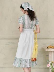 女士印花泡泡袖中长连衣裙，饰有蕾丝细节 - 綠色 - 查看 2