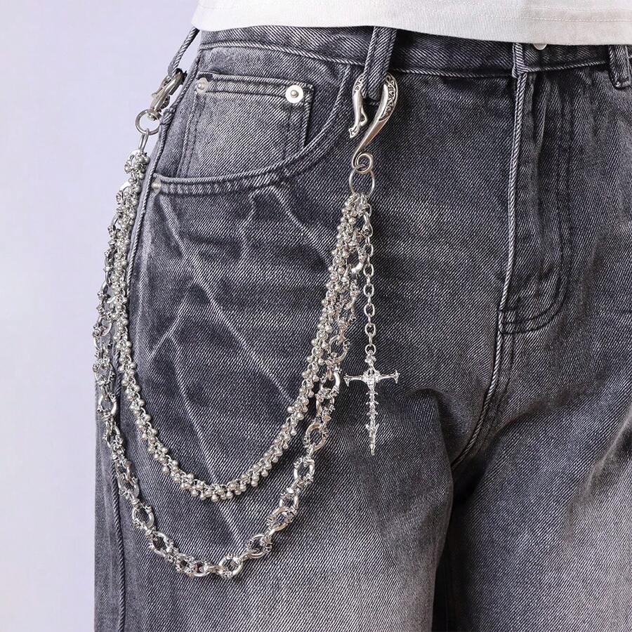 1 chiếc dây xích quần hai lớp hình đầu lâu thời trang mới, dây xích quần mặt dây chuyền hình thánh giá thủ công. - Bạc - Xem 1