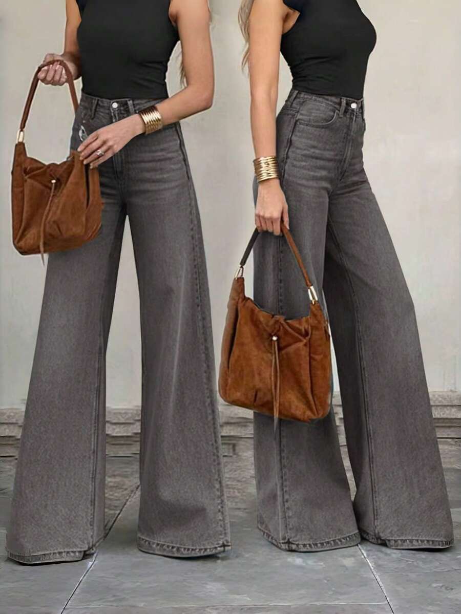 女士休闲优雅阔腿牛仔裤，带口袋和拉链，长款，中等弹力，灰色，春季款 - 灰色 - 查看 1