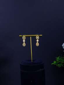 3pcs 18K Gold-Plated Luxury Royal Style Geometric Tassel Design Bridal Wedding Jewelry Set, Handset White Cubic Zirconia, Suitable For Daily Wear And Wedding, Wedding Anniversary Gift - Gold - View 5