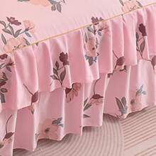 3pcs Minimalist Modern Floral Pattern Double Ruffle Bed Skirt Set, Bedroom Bedding (1 Bed Skirt, 2 Pillowcases, No Inner Core) - Pink - View 5