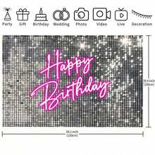 1 Peça Painel de Aniversário com Lantejoulas Prateadas, com Bottom de Lantejoulas Prateadas e Design de "Feliz Aniversário" em Néon Rosa, Adequado para Decoração de Festa de Aniversário de Estilo Princesa para Meninas e Mulheres, Bottom de Fotografia, Decoração da Mesa de Bolo - Multicolorido - Visão 7