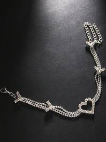 1 pieza Brazalete multicapa con cadena de brazo en forma de corazón hueco con diamante de imitación, accesorio de vestir para mujer, estilo europeo y americano - Plateado - Ver 4