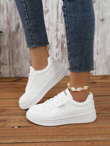 Nouvelles baskets blanches décontractées de printemps, semelle épaisse, plateforme, bout rond, légères, confortables, antidérapantes, durables, respirantes, mode polyvalente, style de rue court, chic sportif, chaussures vulcanisées pour femmes - Blanc - Voir 6