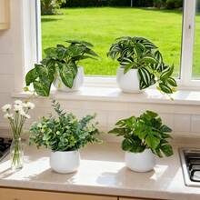 4pcs Artificial Green Plants, Diverse Leaf Shapes. Suitable For Daily Home Decor, Can Be Placed On Windowsills, Desktops, Adding Natural Vitality To Living Rooms, Studies, Etc. No Maintenance Required, Retaining Elegant Aesthetics, Practical Items To Enhance Home Ambiance, Keeping Spaces Fresh And Green. - Green - View 3