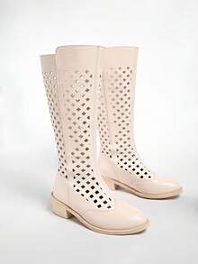 白色尖头粗跟过膝长靴，V 领设计显瘦，镂空网眼夏季西部牛仔女靴 - 米色 - 查看 3