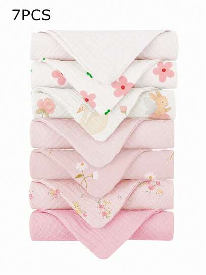 7pcs Soft & Comfortable 100% Cotton Baby Bibs, Solid Color, Floral, Cartoon Animal Printed Baby Cotton Gauze Burp Cloths, Feeding Handkerchiefs, Essential For Newborns
