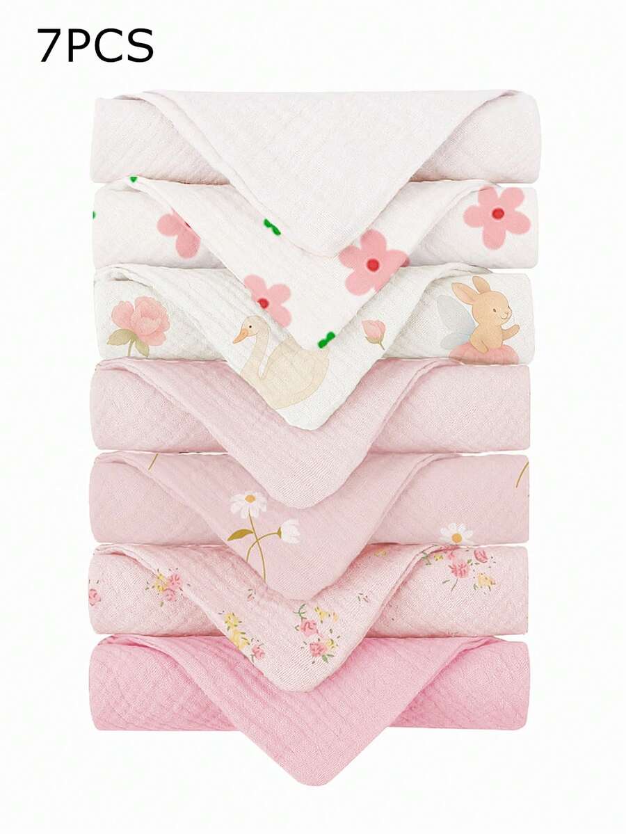 7条装柔软舒适100%纯棉婴儿围兜,纯色、花卉、卡通动物印花,婴儿棉纱布拍嗝巾、喂奶手帕,新生儿必备 - 彩色 - 查看 1