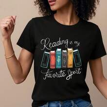 Camiseta gráfica para mujer 'La lectura es mi favorita' - Camiseta casual de manga corta, negra con diseño de libro colorido, suave y cómoda, perfecta para uso casual, camiseta con temática de libros- 1pcs, 180Gsm, 100% Cotton - Negro - Ver 3