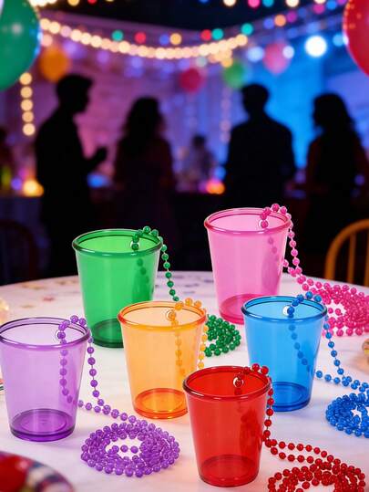 6Pcs Colorful Beaded Shot Glasses Necklaces, Rainbow Color Transparent Cup Bead Necklaces, Wedding Decor, Wedding Party Supplies, Birthday Decor, Anniversary Decor, Plastic Beaded Necklace Cup, Bead Chain Necklace Set, Bridal Shower Party Supplies, Wedding Favors, Party Packs, Party Favors, Bride Accessories