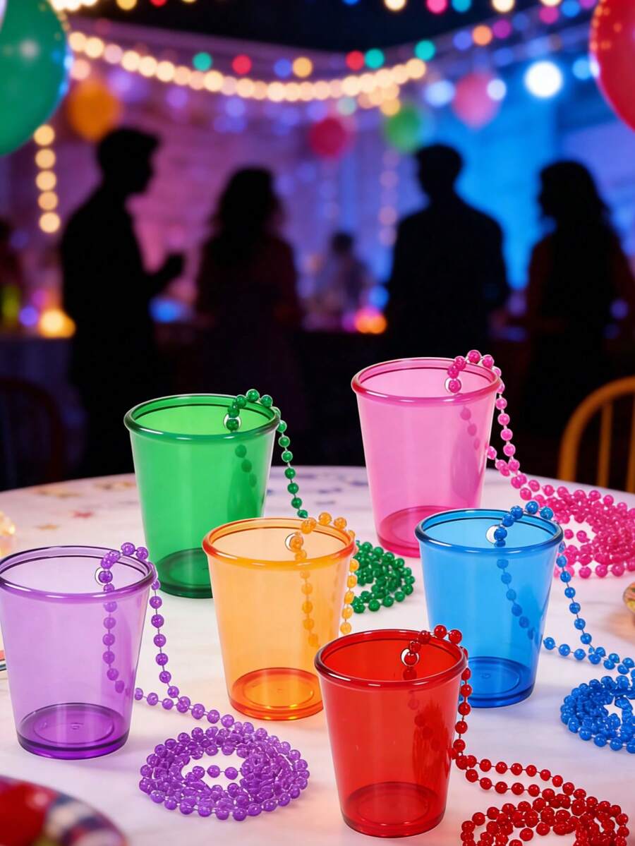 6Pcs Colorful Beaded Shot Glasses Necklaces, Rainbow Color Transparent Cup Bead Necklaces, Wedding Decor, Wedding Party Supplies, Birthday Decor, Anniversary Decor, Plastic Beaded Necklace Cup, Bead Chain Necklace Set, Bridal Shower Party Supplies, Wedding Favors, Party Packs, Party Favors, Bride Accessories