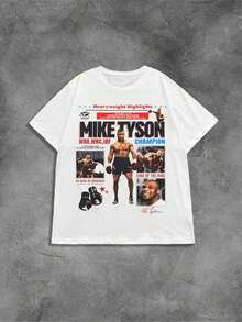 Mike Tyson Heavyweight Highlights Graphic Tee,Comfortable Casual Short Sleeve, 220 Grams Heavyweight Cotton Printed Men Vintage T Shirts - 白色 - 查看 6