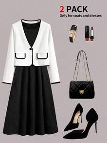 女士优雅黑白撞色两件套，白色滚边西装外套搭配黑色无袖A字连衣裙，正式场合适合春季婚礼宾客、求职面试及其他场合。 - 黑色 - 查看 2