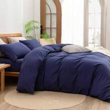 BESTOUCH - Juego de funda de edredón 100% algodón lavado tacto súper suave cómodo elegante ligero 3 piezas juego de ropa de cama para el hogar color azul marino tamaño matrimonial - Azul marino sin edredn - Ver 3